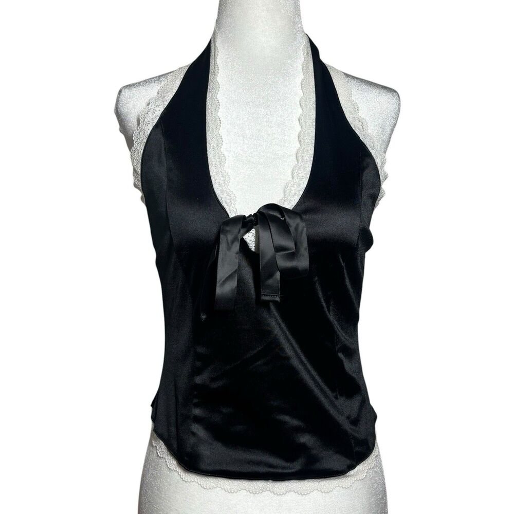 Paris Hilton Black Satin White Lace Bow Tie Halter Top L Coquette Y2K Boudoir